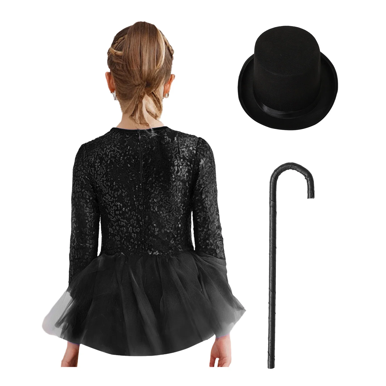 Kids Girls Sparkly Sequins Dance Outfit Magician Back Invisible Zipper Color Block Tulle Skirted Leotard with Hat And Crutch