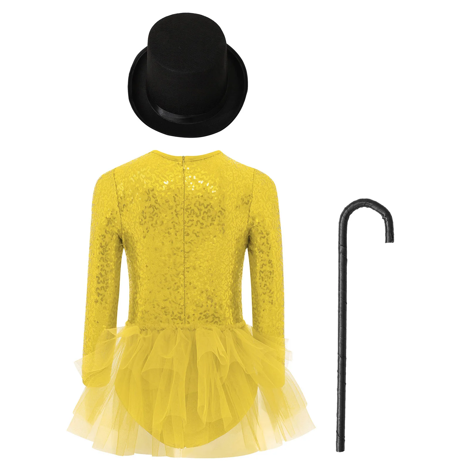 Kids Girls Sparkly Sequins Dance Outfit Magician Back Invisible Zipper Color Block Tulle Skirted Leotard with Hat And Crutch