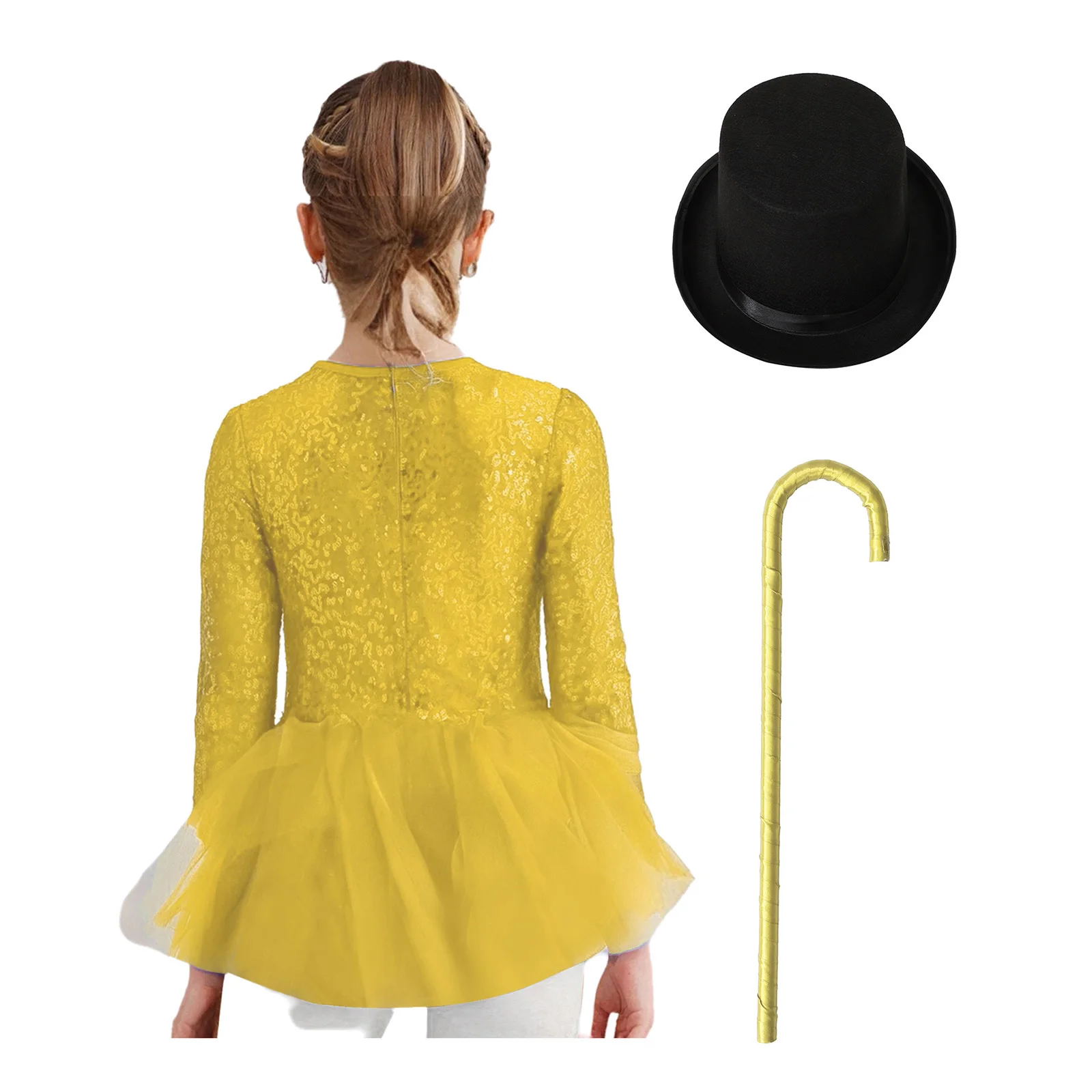 Kids Girls Sparkly Sequins Dance Outfit Magician Back Invisible Zipper Color Block Tulle Skirted Leotard with Hat And Crutch