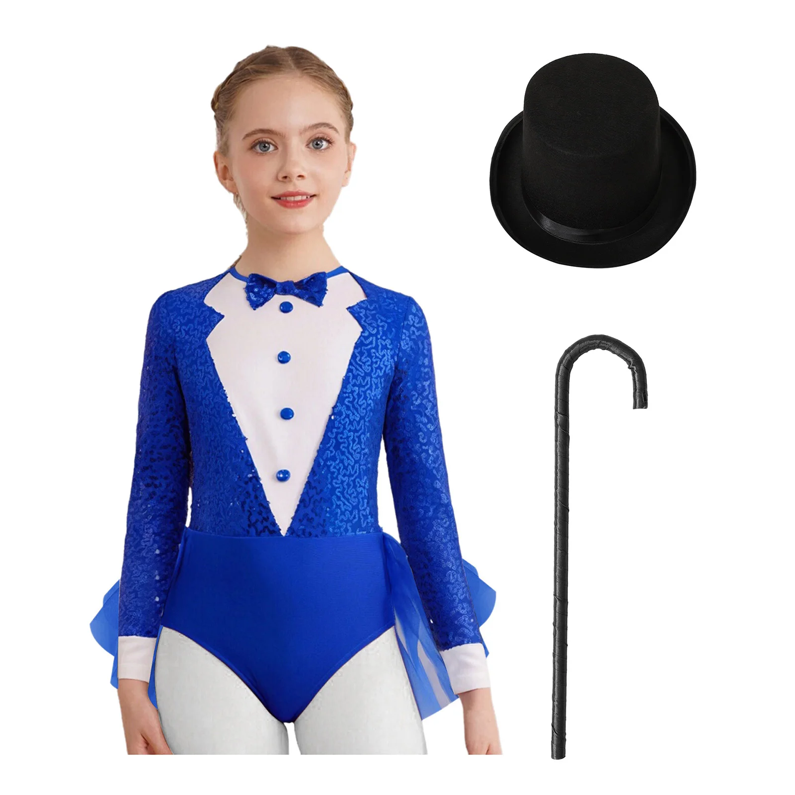 Kids Girls Sparkly Sequins Dance Outfit Magician Back Invisible Zipper Color Block Tulle Skirted Leotard with Hat And Crutch