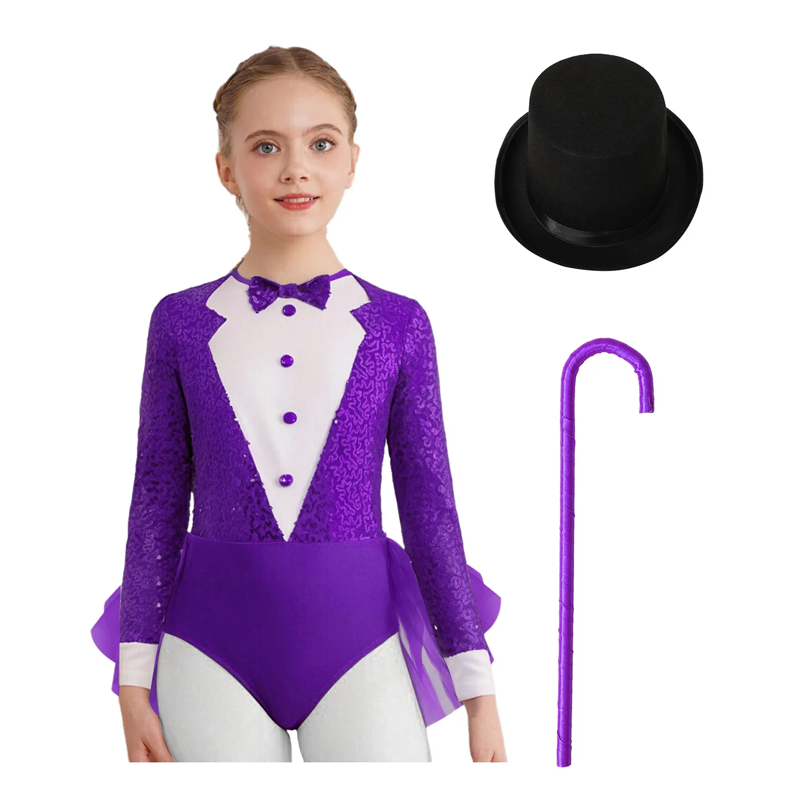 Kids Girls Sparkly Sequins Dance Outfit Magician Back Invisible Zipper Color Block Tulle Skirted Leotard with Hat And Crutch