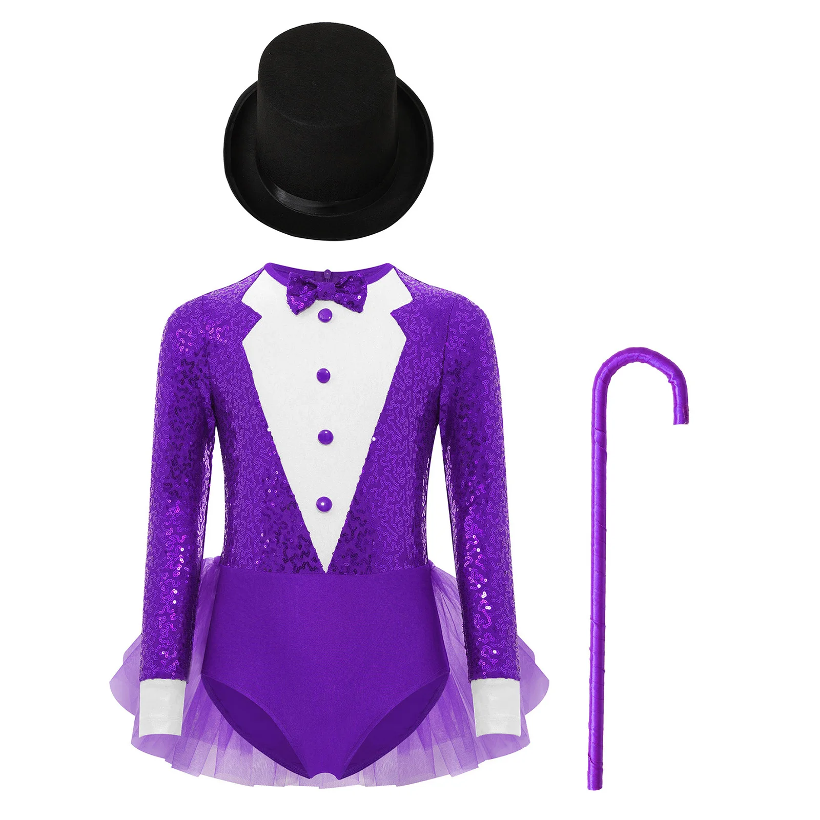 Kids Girls Sparkly Sequins Dance Outfit Magician Back Invisible Zipper Color Block Tulle Skirted Leotard with Hat And Crutch