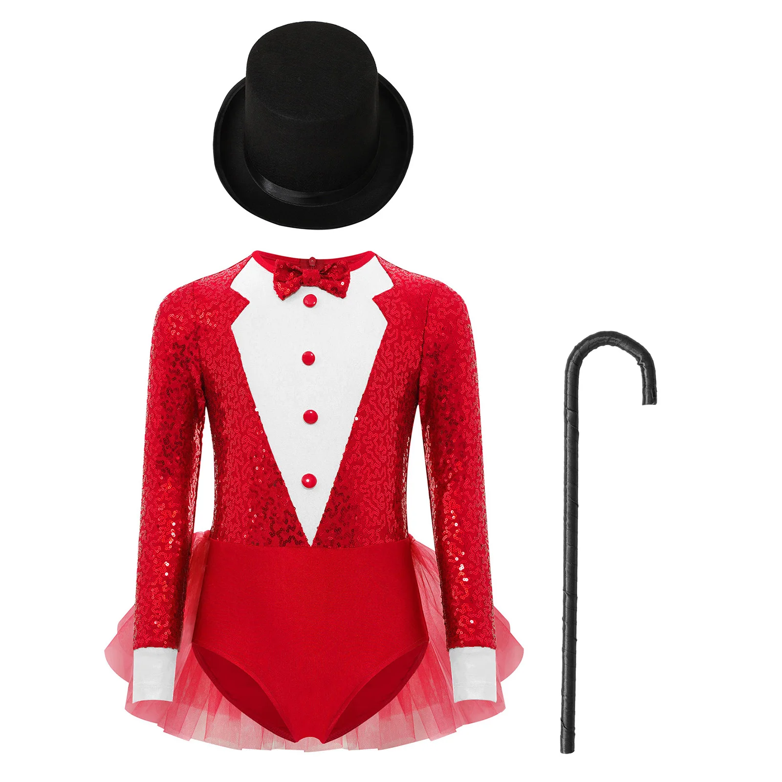 Kids Girls Sparkly Sequins Dance Outfit Magician Back Invisible Zipper Color Block Tulle Skirted Leotard with Hat And Crutch