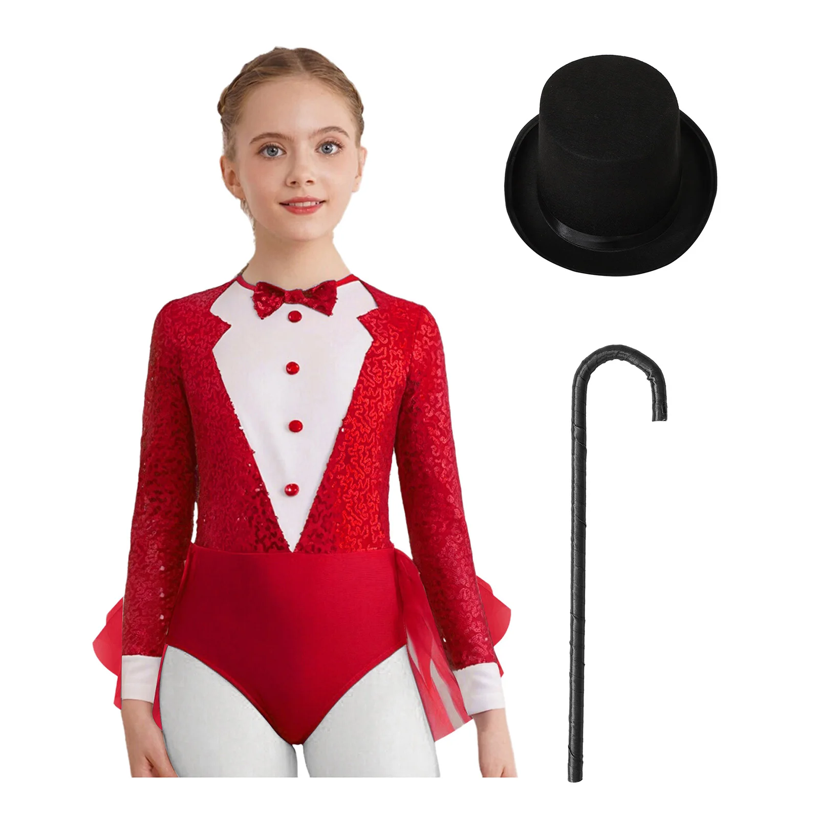 Kids Girls Sparkly Sequins Dance Outfit Magician Back Invisible Zipper Color Block Tulle Skirted Leotard with Hat And Crutch