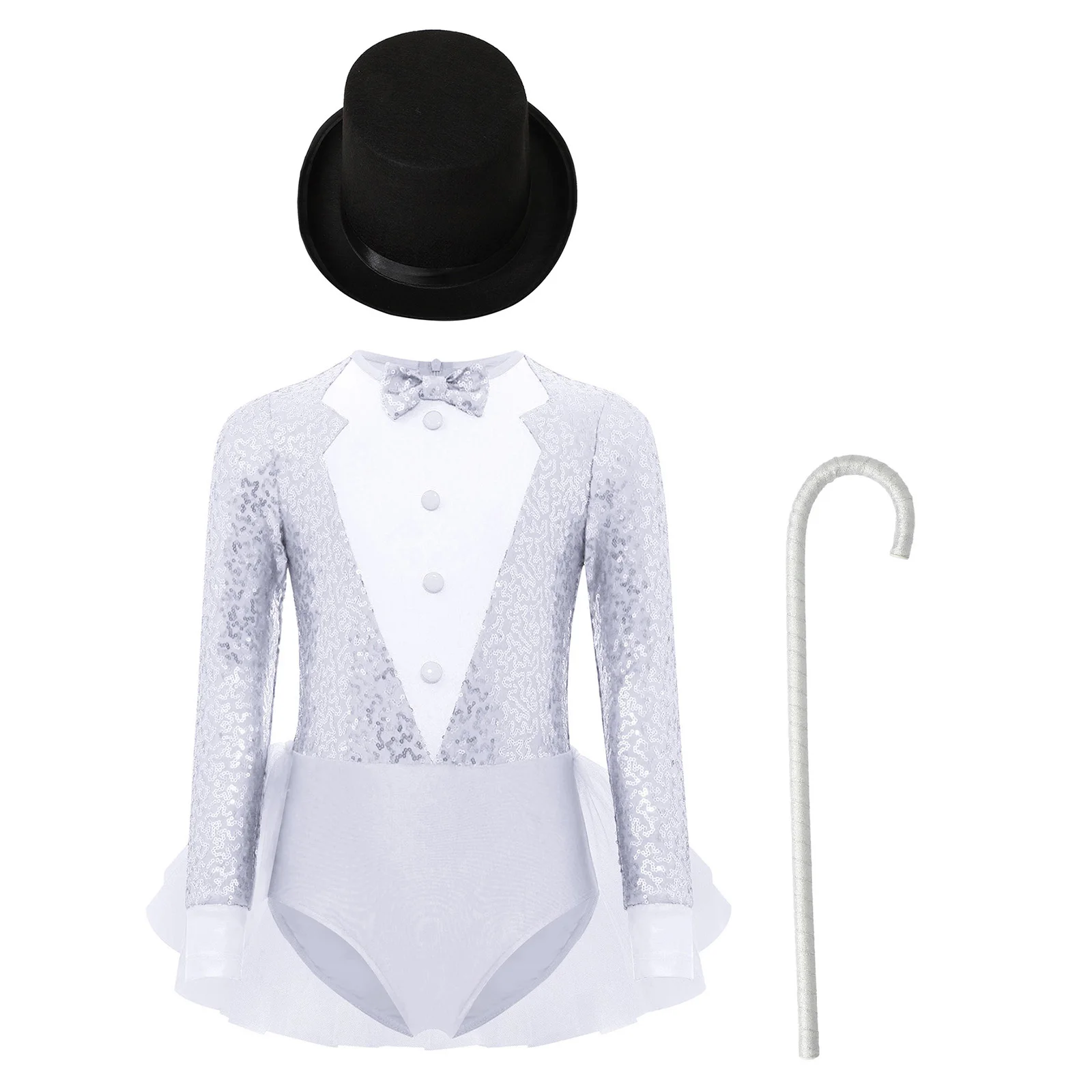 Kids Girls Sparkly Sequins Dance Outfit Magician Back Invisible Zipper Color Block Tulle Skirted Leotard with Hat And Crutch
