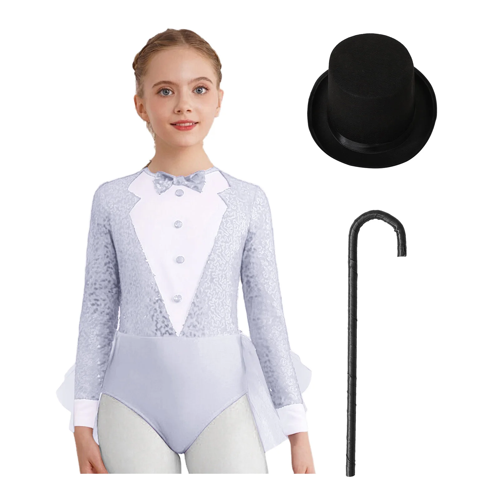 Kids Girls Sparkly Sequins Dance Outfit Magician Back Invisible Zipper Color Block Tulle Skirted Leotard with Hat And Crutch
