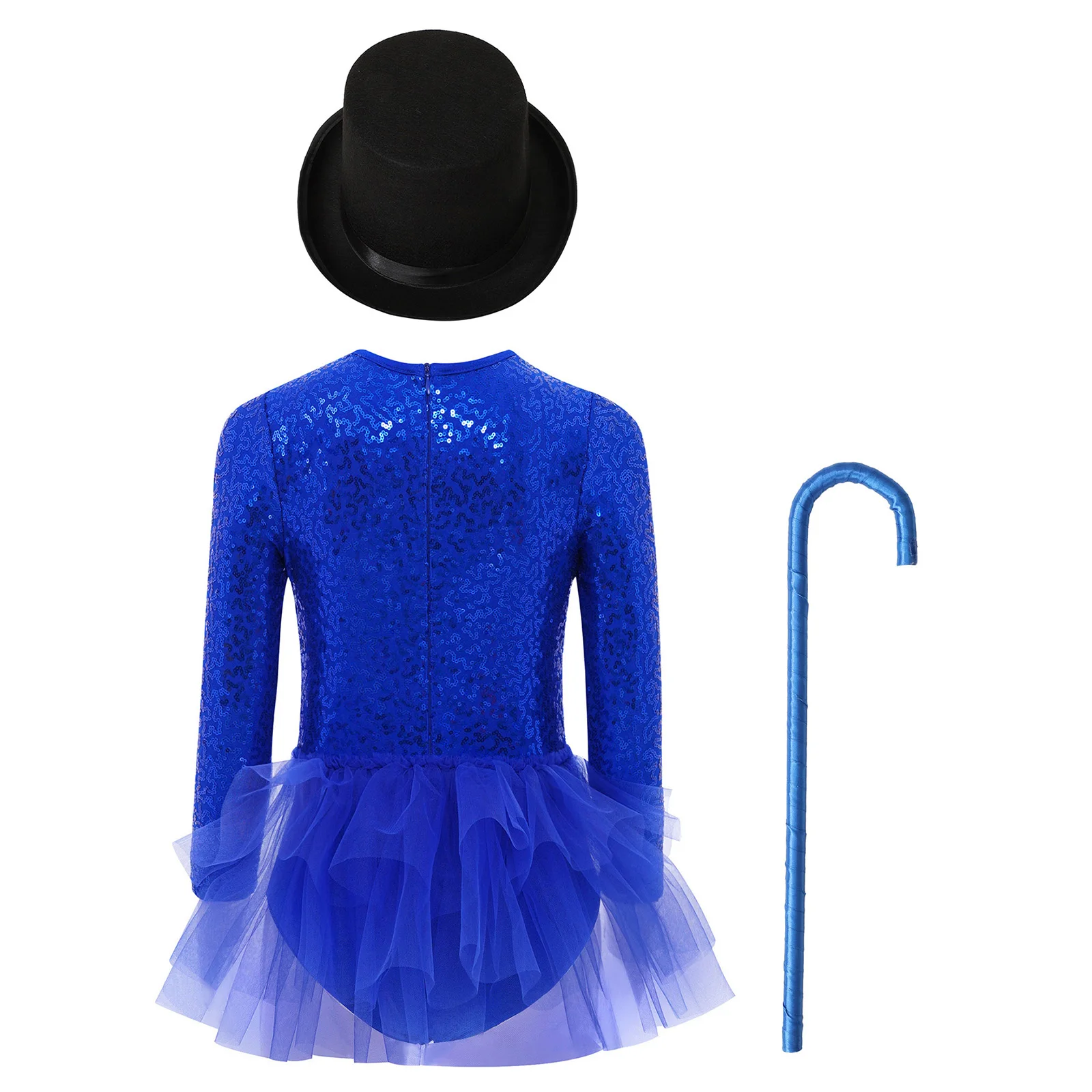Kids Girls Sparkly Sequins Dance Outfit Magician Back Invisible Zipper Color Block Tulle Skirted Leotard with Hat And Crutch