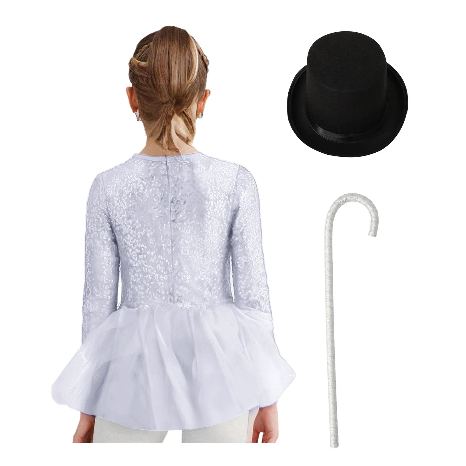 Kids Girls Sparkly Sequins Dance Outfit Magician Back Invisible Zipper Color Block Tulle Skirted Leotard with Hat And Crutch