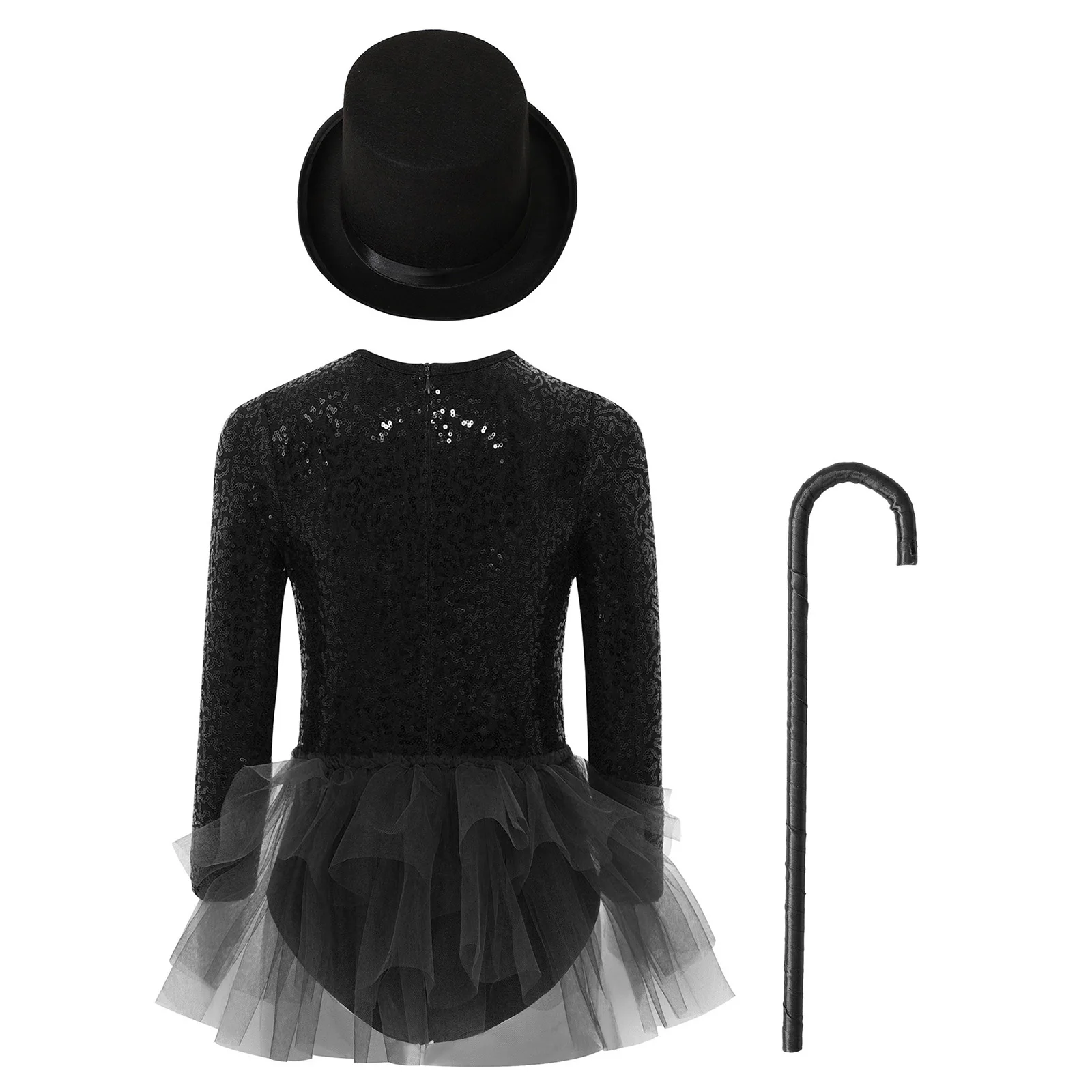 Kids Girls Sparkly Sequins Dance Outfit Magician Back Invisible Zipper Color Block Tulle Skirted Leotard with Hat And Crutch