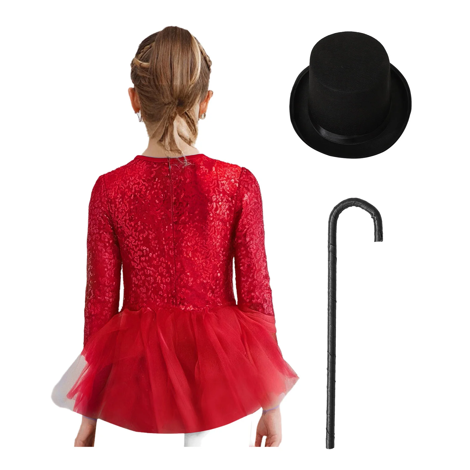 Kids Girls Sparkly Sequins Dance Outfit Magician Back Invisible Zipper Color Block Tulle Skirted Leotard with Hat And Crutch