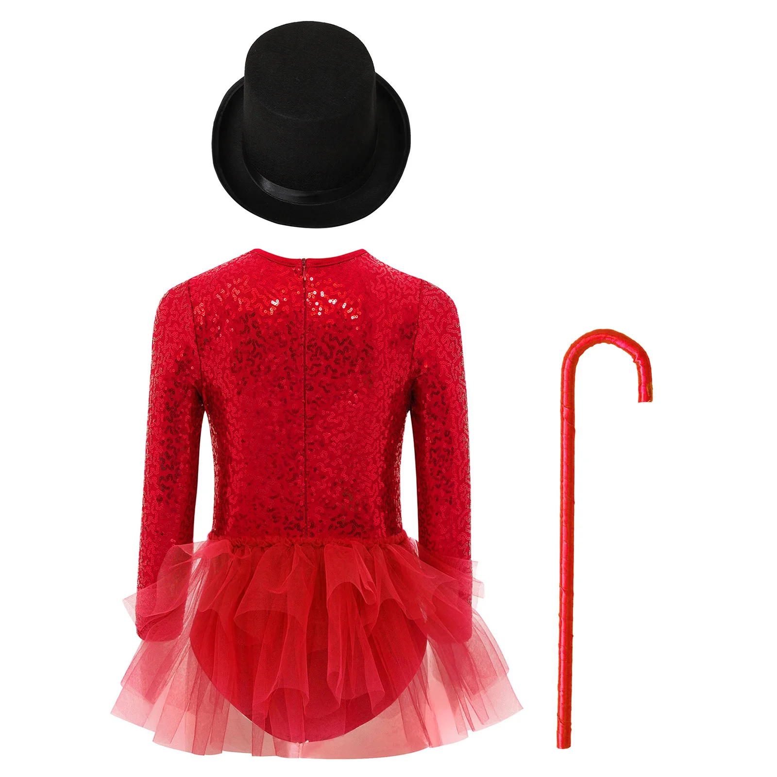 Kids Girls Sparkly Sequins Dance Outfit Magician Back Invisible Zipper Color Block Tulle Skirted Leotard with Hat And Crutch