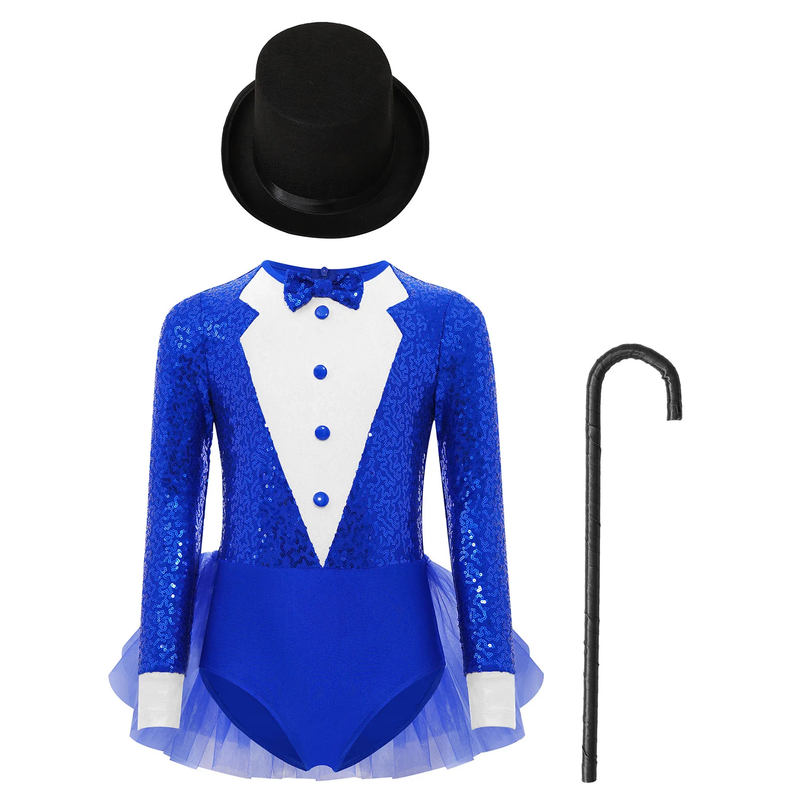 Kids Girls Sparkly Sequins Dance Outfit Magician Back Invisible Zipper Color Block Tulle Skirted Leotard with Hat And Crutch