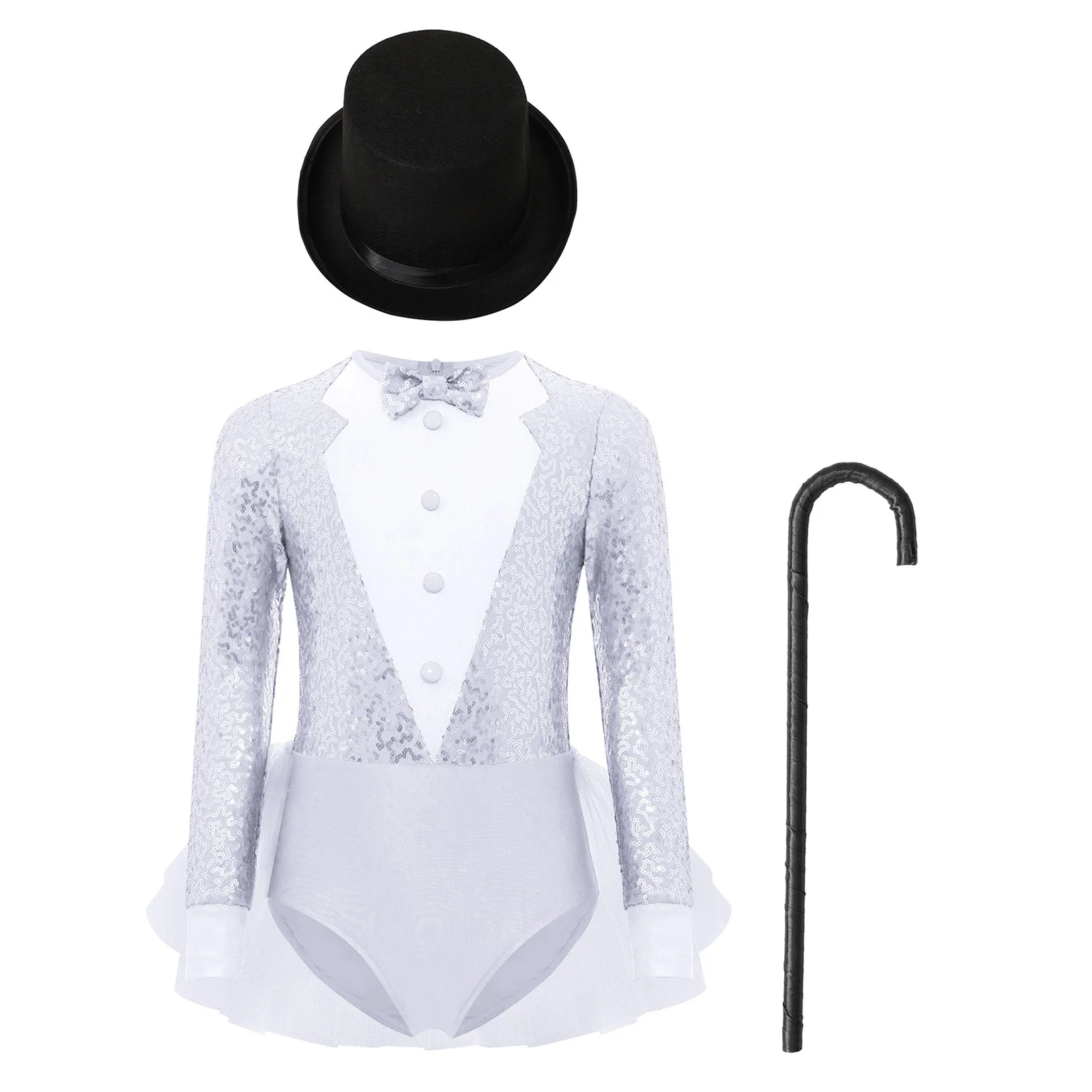 Kids Girls Sparkly Sequins Dance Outfit Magician Back Invisible Zipper Color Block Tulle Skirted Leotard with Hat And Crutch