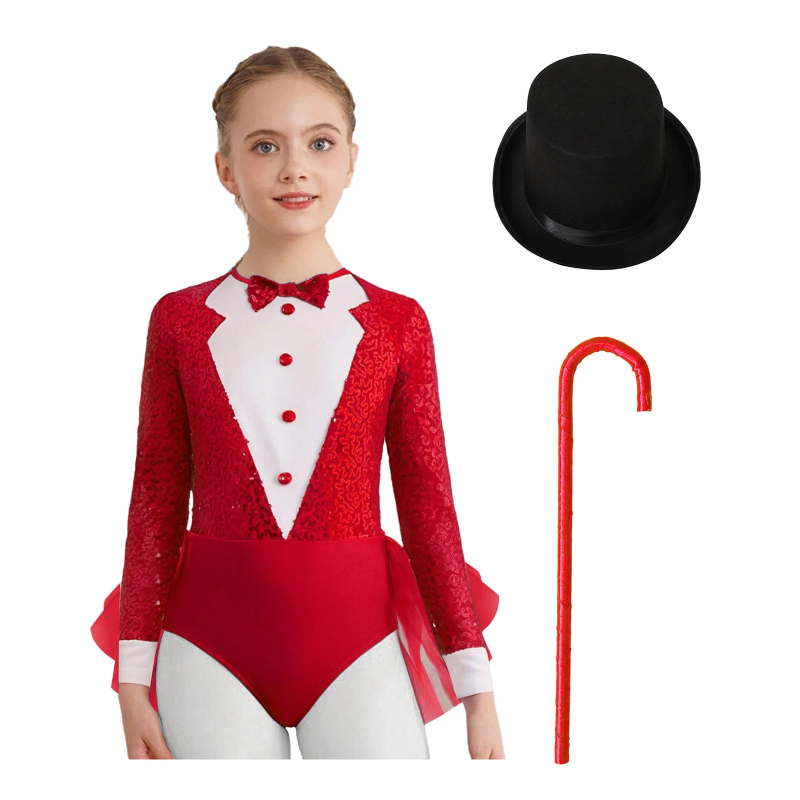 Kids Girls Sparkly Sequins Dance Outfit Magician Back Invisible Zipper Color Block Tulle Skirted Leotard with Hat And Crutch