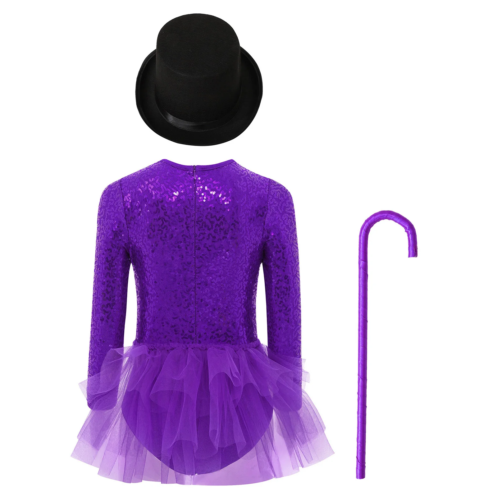 Kids Girls Sparkly Sequins Dance Outfit Magician Back Invisible Zipper Color Block Tulle Skirted Leotard with Hat And Crutch