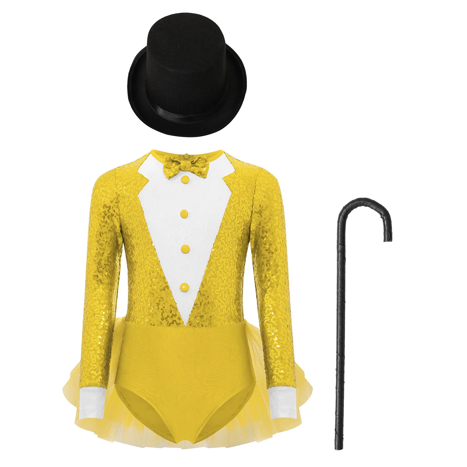 Kids Girls Sparkly Sequins Dance Outfit Magician Back Invisible Zipper Color Block Tulle Skirted Leotard with Hat And Crutch