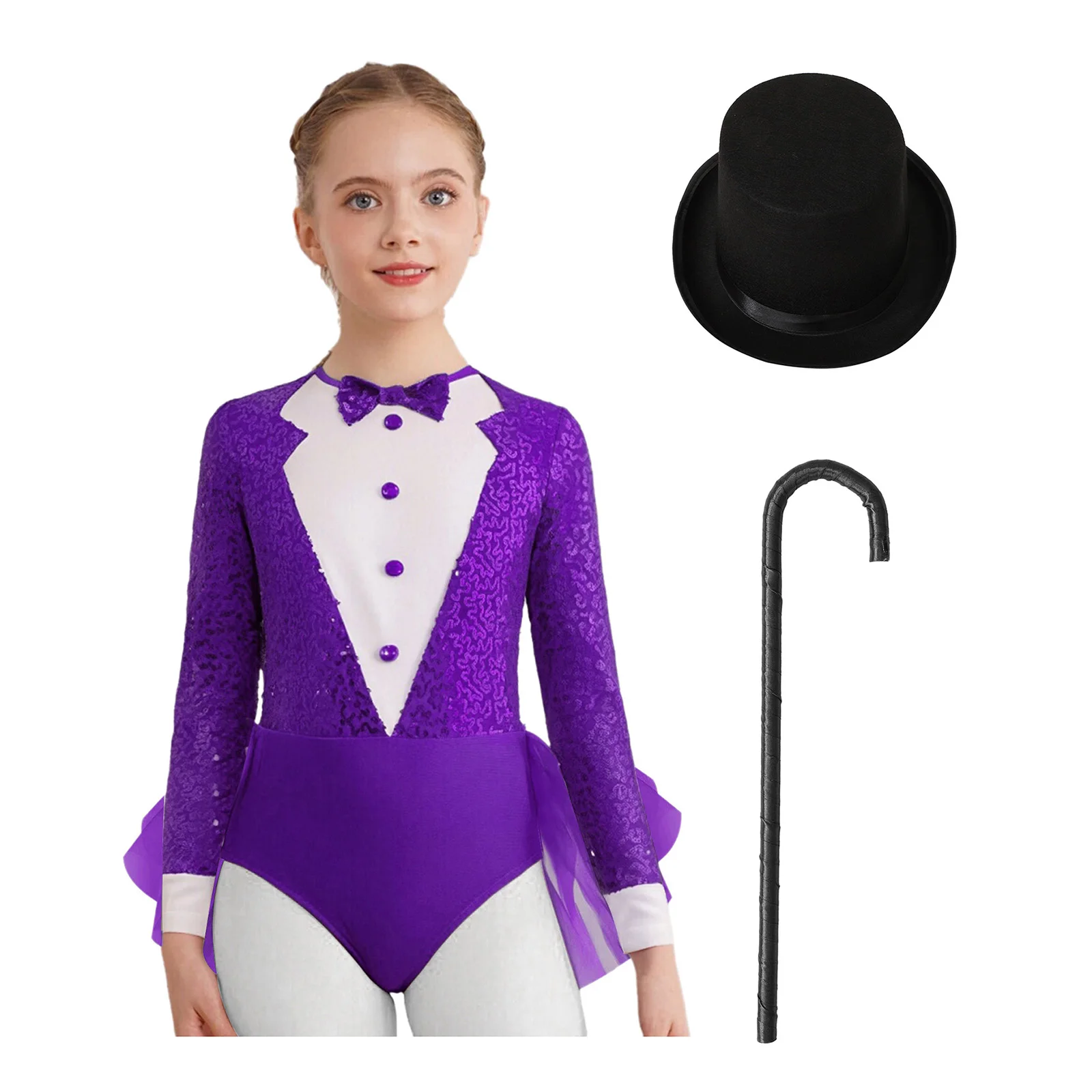 Kids Girls Sparkly Sequins Dance Outfit Magician Back Invisible Zipper Color Block Tulle Skirted Leotard with Hat And Crutch