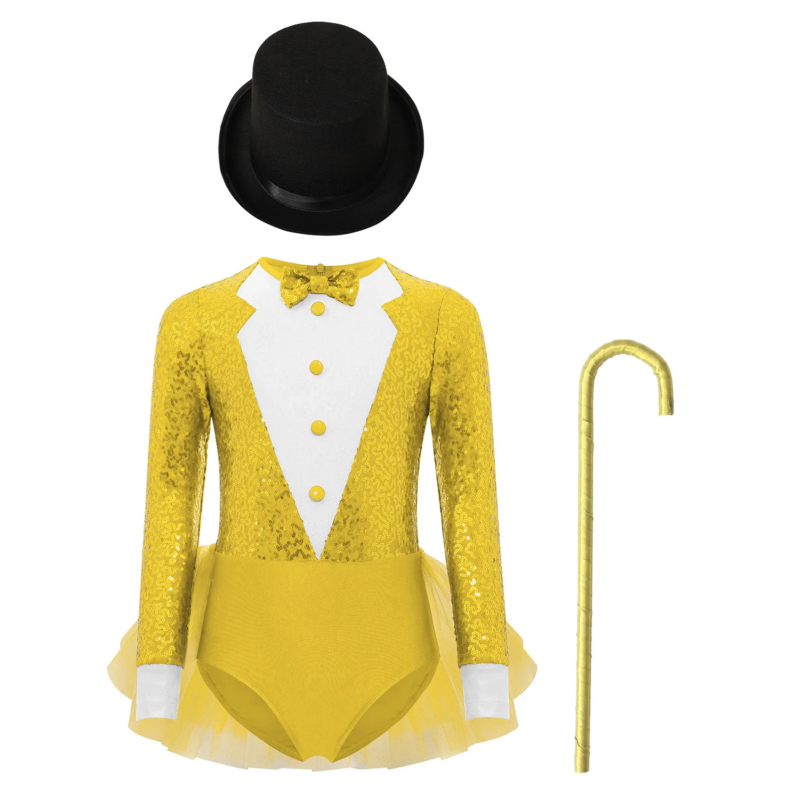 Kids Girls Sparkly Sequins Dance Outfit Magician Back Invisible Zipper Color Block Tulle Skirted Leotard with Hat And Crutch