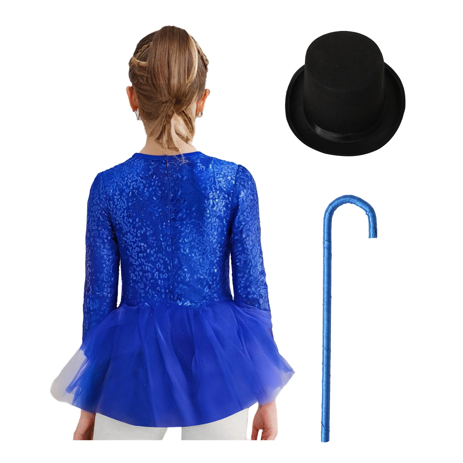 Kids Girls Sparkly Sequins Dance Outfit Magician Back Invisible Zipper Color Block Tulle Skirted Leotard with Hat And Crutch