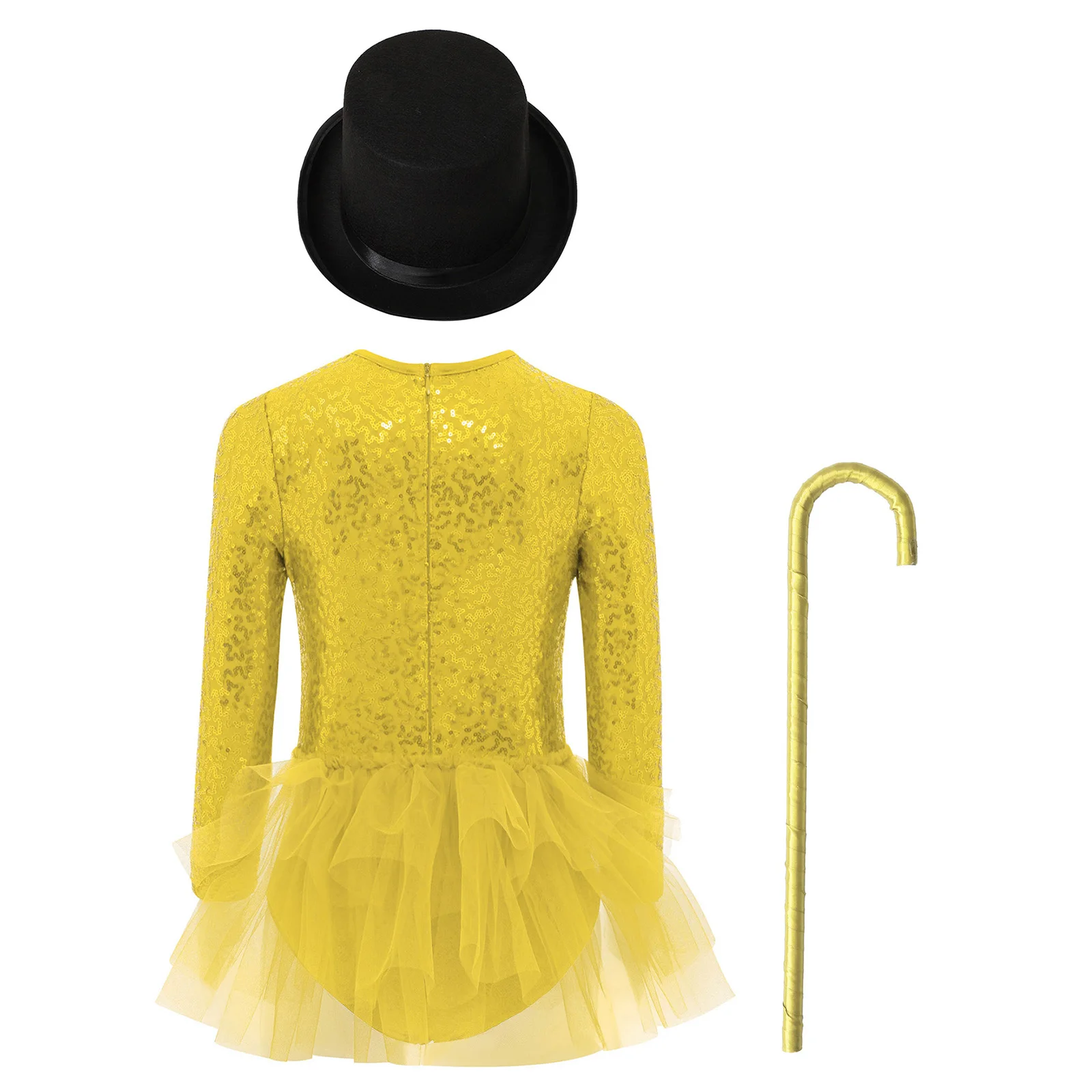 Kids Girls Sparkly Sequins Dance Outfit Magician Back Invisible Zipper Color Block Tulle Skirted Leotard with Hat And Crutch