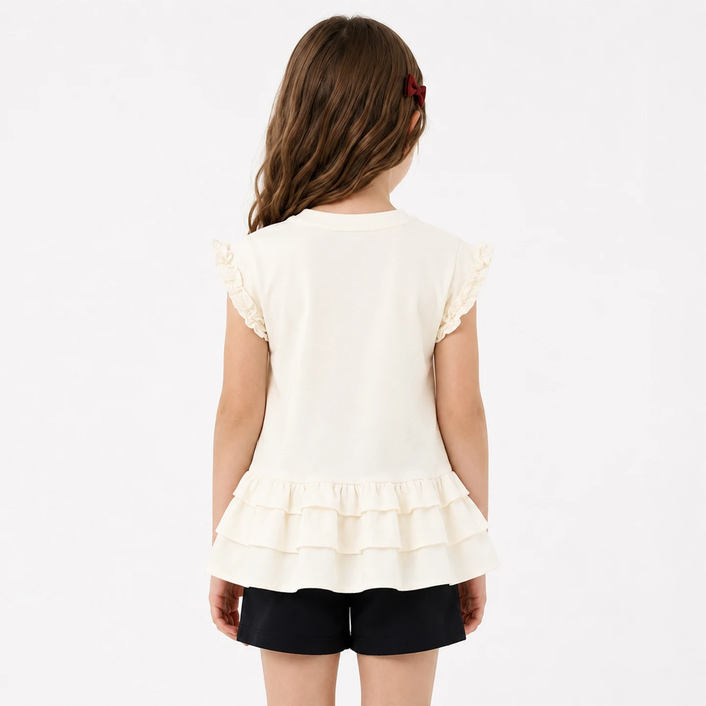 CH Kids Solid Cream Short Sleeve Blouse Signature CHHC Embroidery Multi Layer Flounce Hem Weekend Casual Outfit