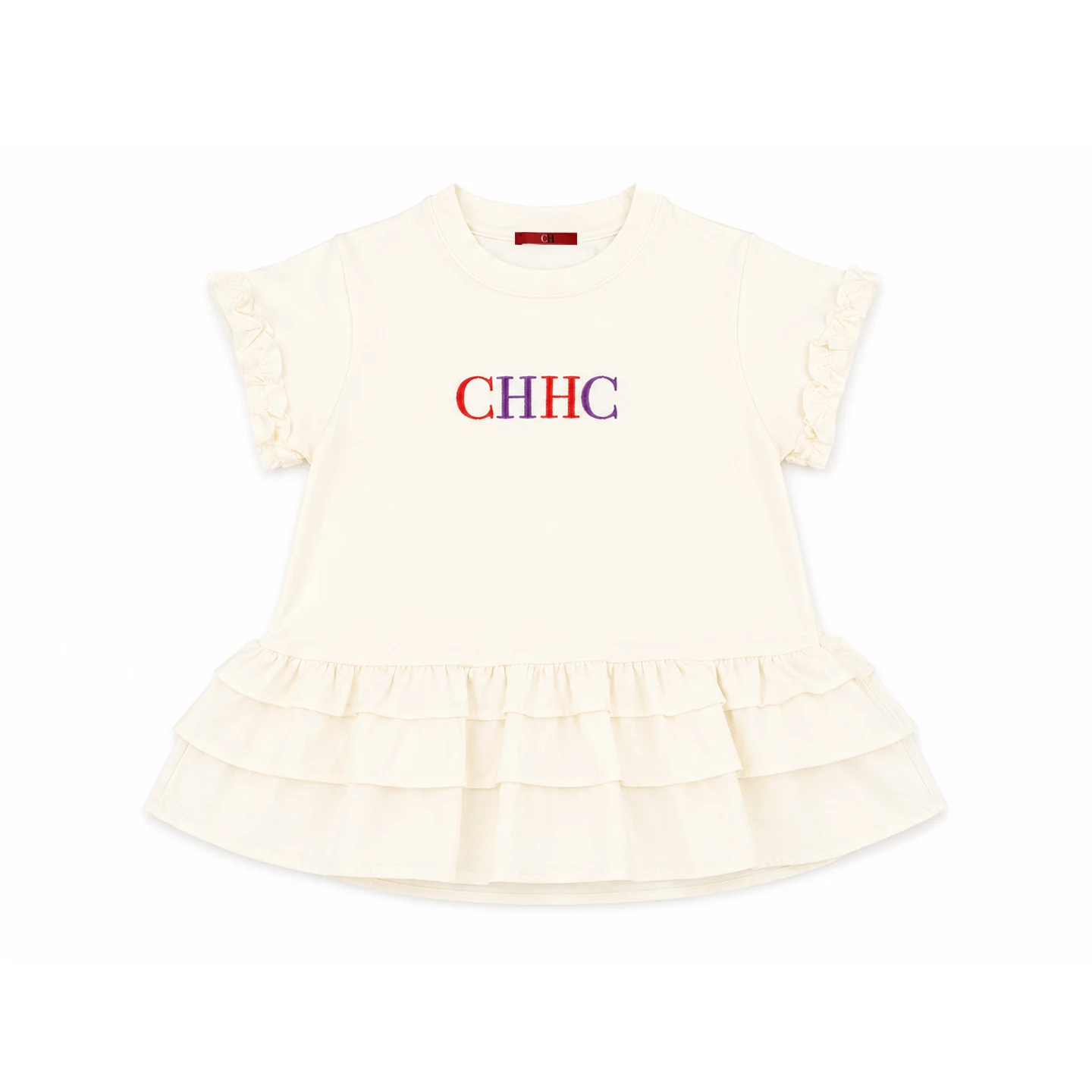 CH Kids Solid Cream Short Sleeve Blouse Signature CHHC Embroidery Multi Layer Flounce Hem Weekend Casual Outfit