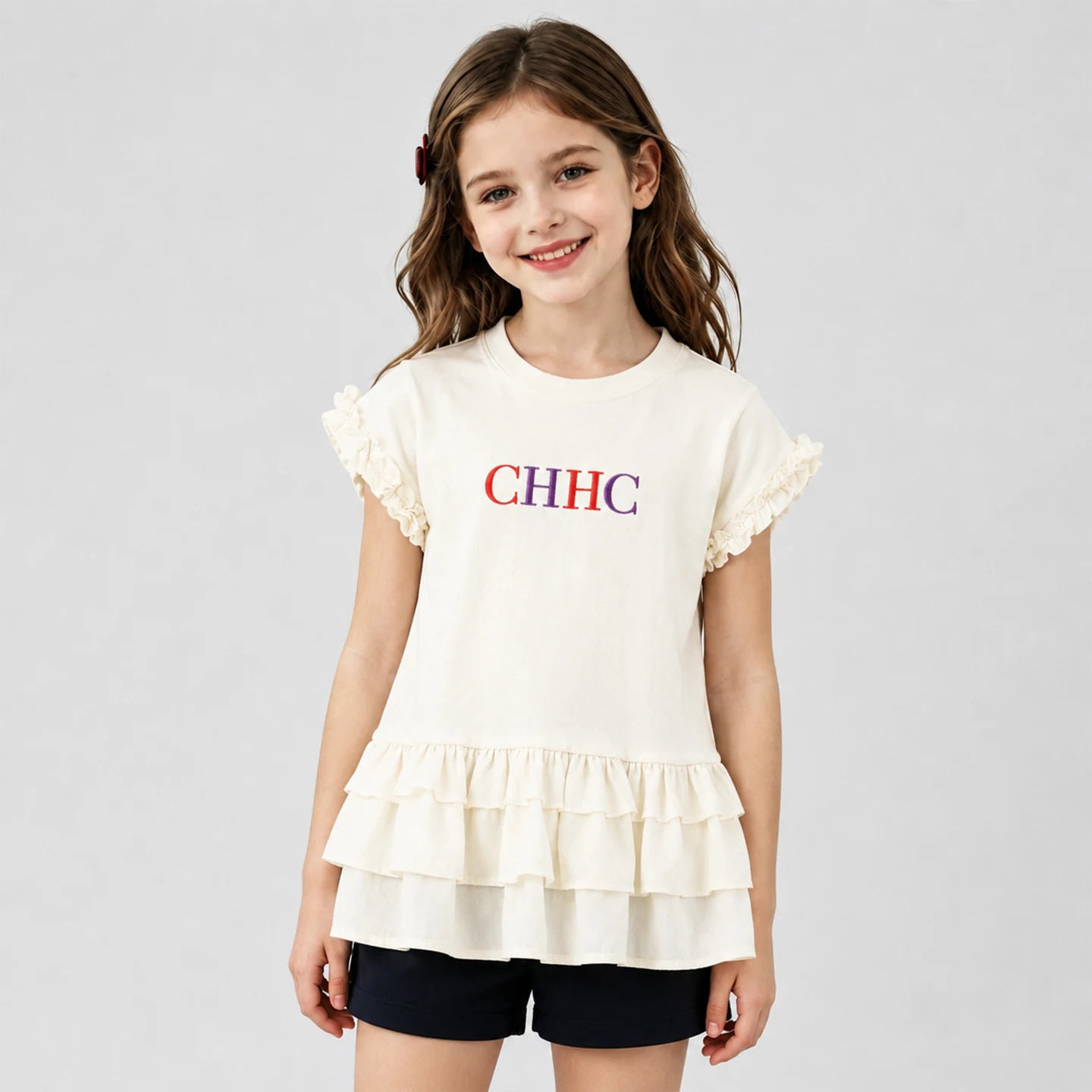 CH Kids Solid Cream Short Sleeve Blouse Signature CHHC Embroidery Multi Layer Flounce Hem Weekend Casual Outfit