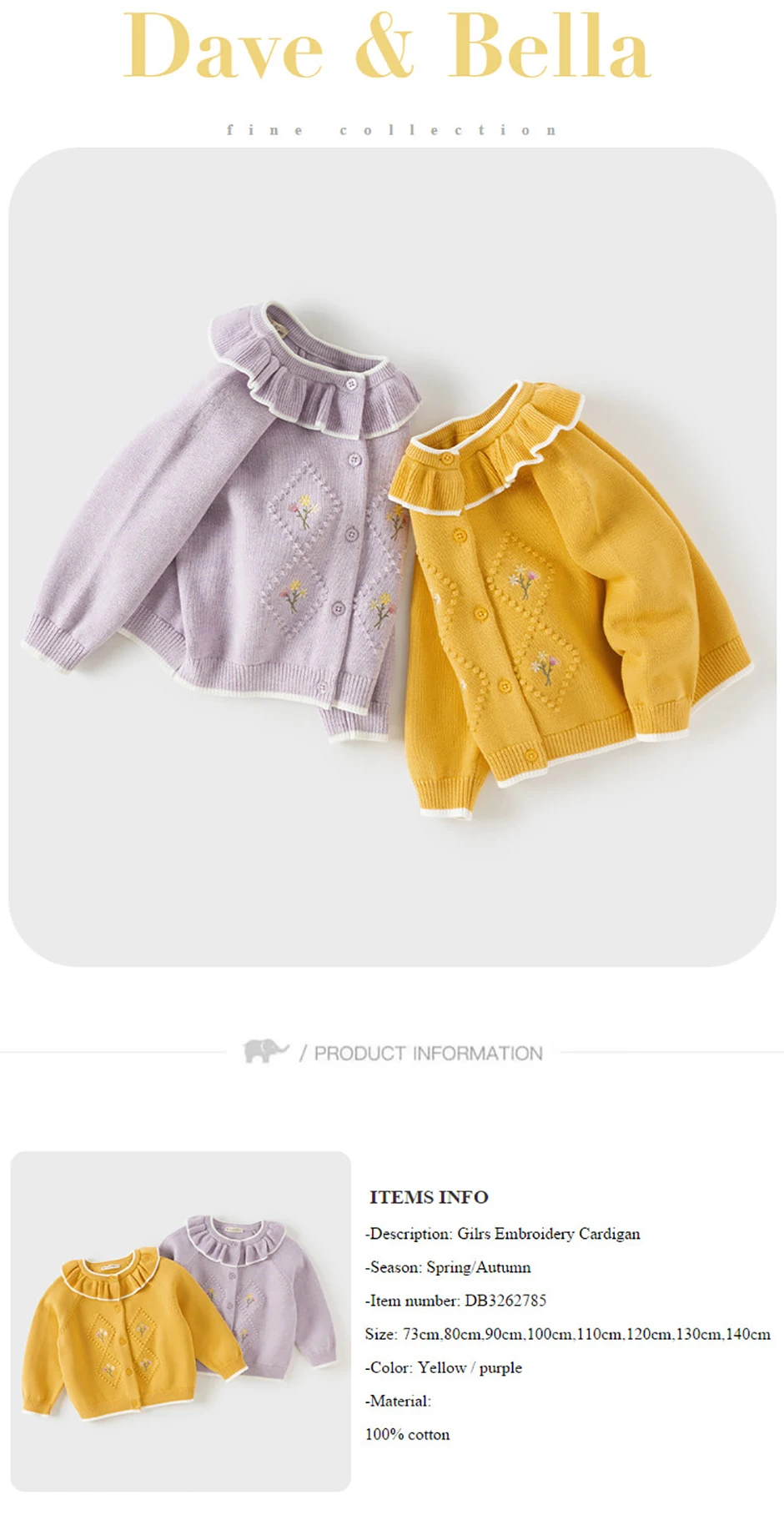 Dave Bella Children's Autumn Spring Sweater Cute Knitted Embroidery Cardigan Tops Long Sleeve Coat Girls Outdoor DB3262785
