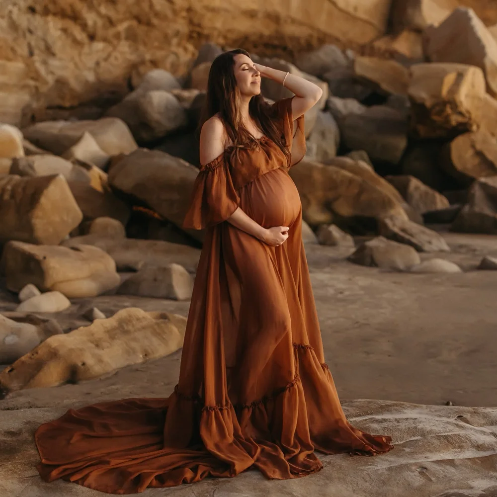 Maternity Photography Props Dress Sexy Off Shoulder Ruffled Trailing Dress Micro Transparent Chiffon Boho Pregnant Dress