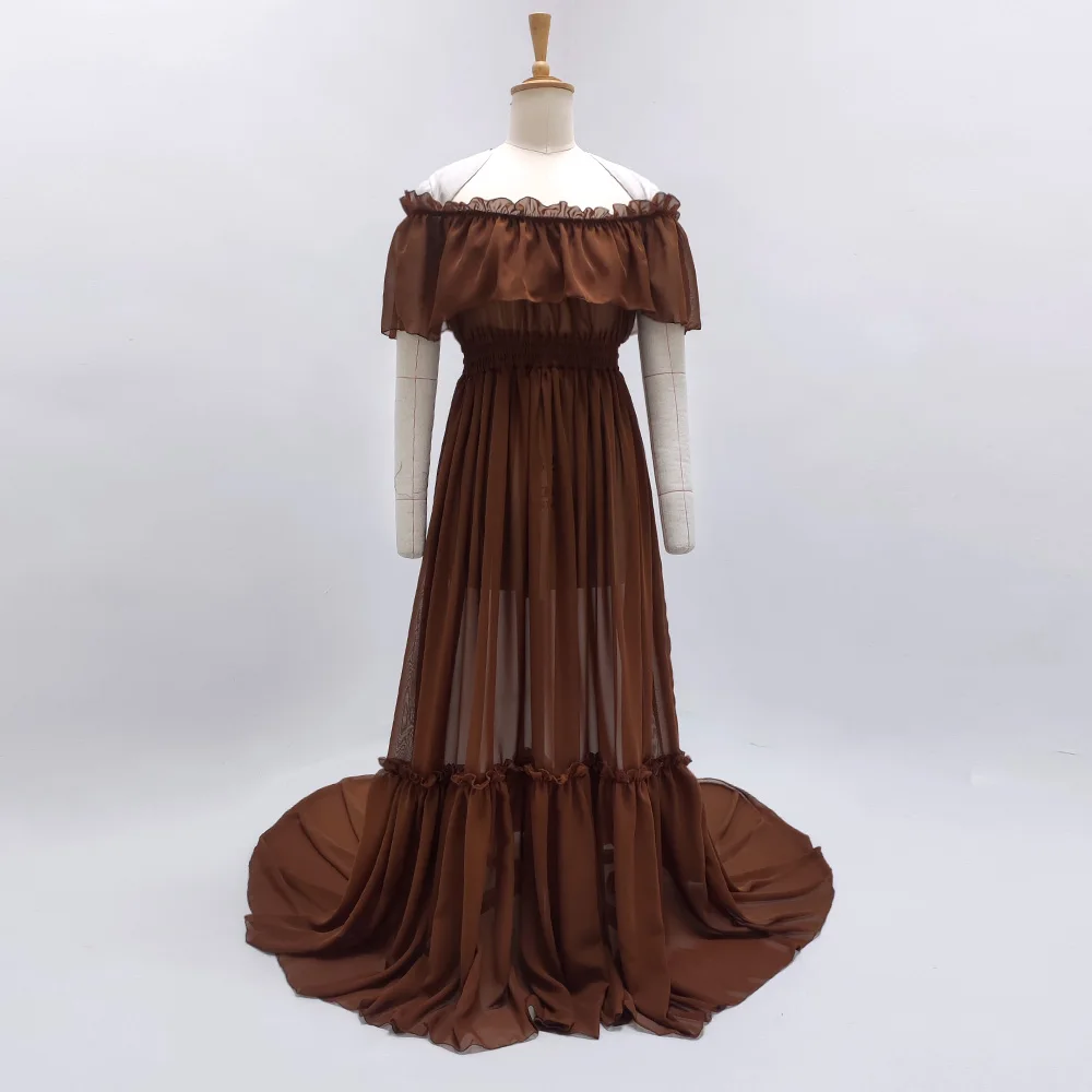 Maternity Photography Props Dress Sexy Off Shoulder Ruffled Trailing Dress Micro Transparent Chiffon Boho Pregnant Dress