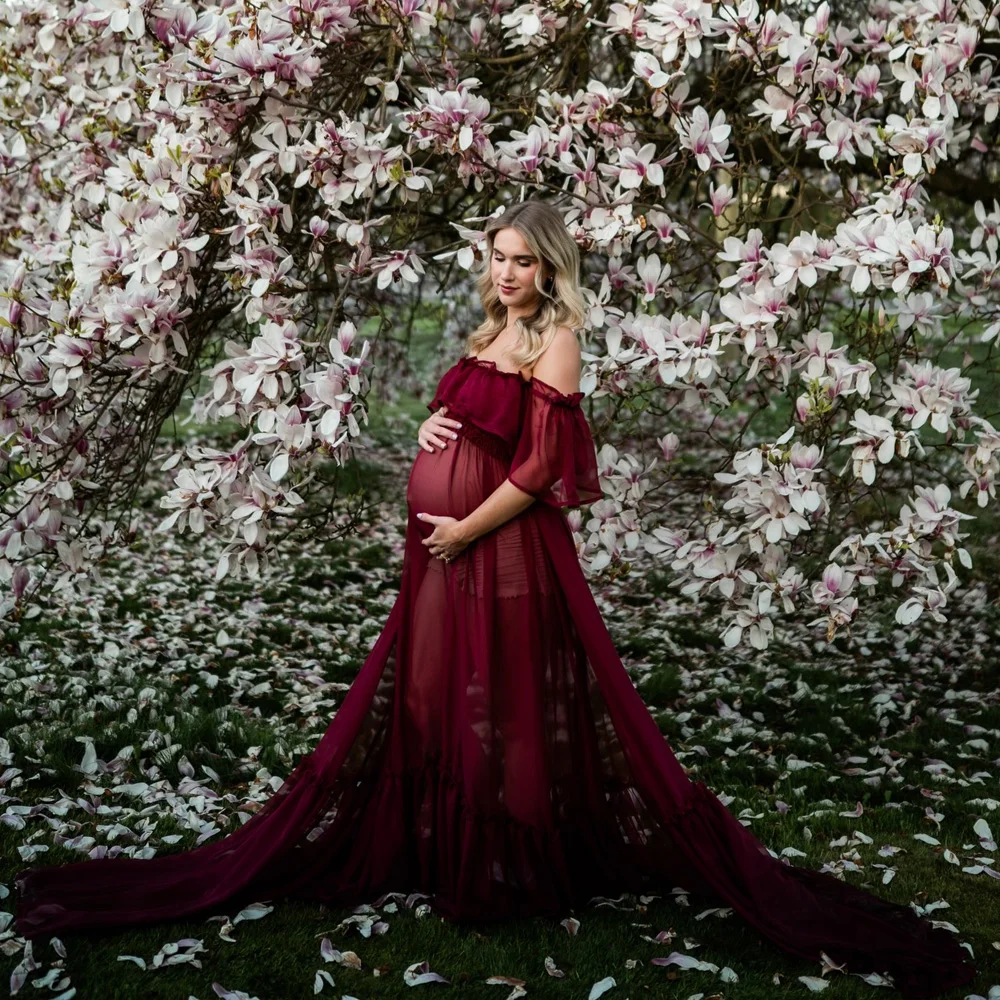 Maternity Photography Props Dress Sexy Off Shoulder Ruffled Trailing Dress Micro Transparent Chiffon Boho Pregnant Dress