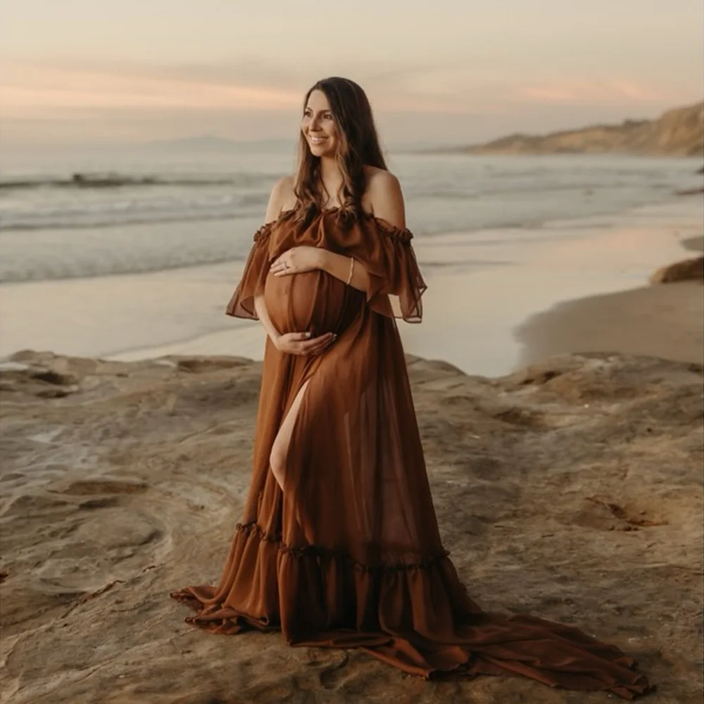 Maternity Photography Props Dress Sexy Off Shoulder Ruffled Trailing Dress Micro Transparent Chiffon Boho Pregnant Dress