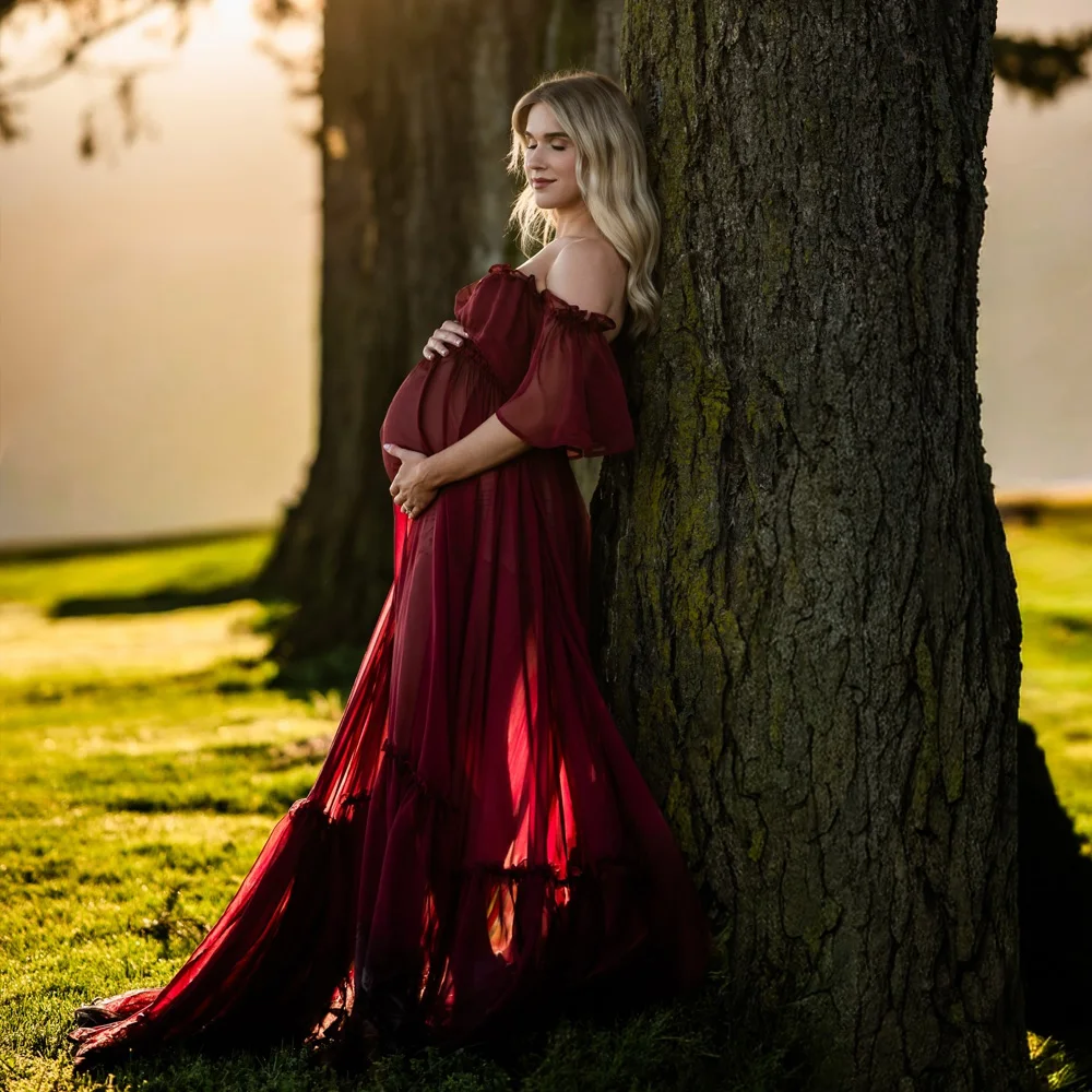 Maternity Photography Props Dress Sexy Off Shoulder Ruffled Trailing Dress Micro Transparent Chiffon Boho Pregnant Dress