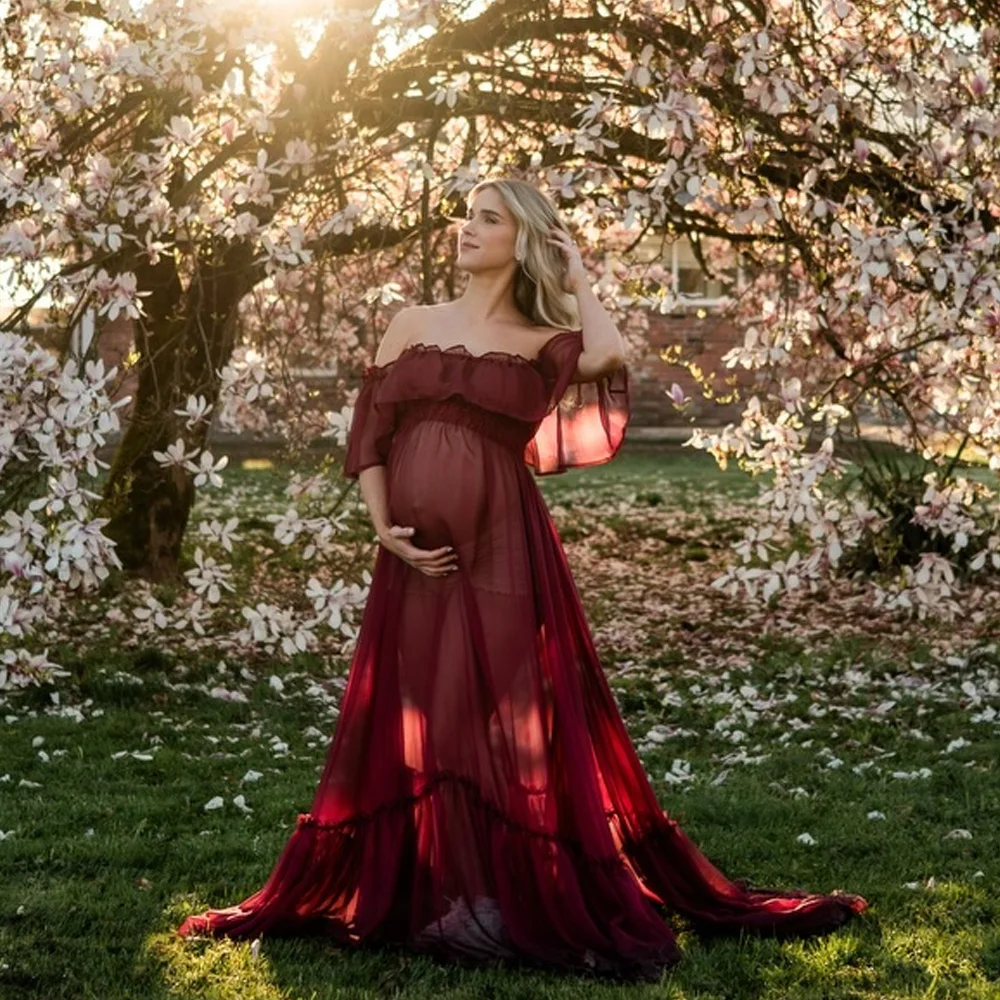 Maternity Photography Props Dress Sexy Off Shoulder Ruffled Trailing Dress Micro Transparent Chiffon Boho Pregnant Dress