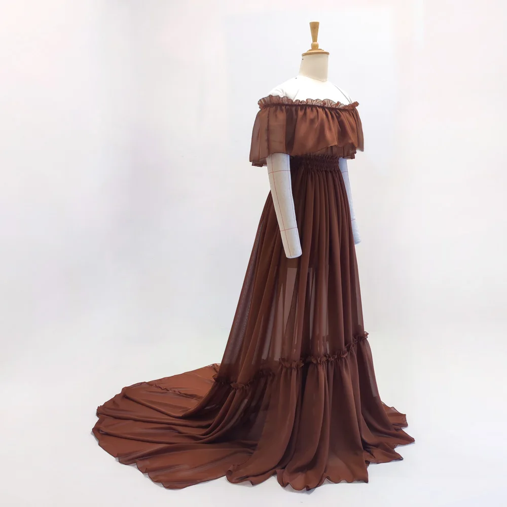 Maternity Photography Props Dress Sexy Off Shoulder Ruffled Trailing Dress Micro Transparent Chiffon Boho Pregnant Dress
