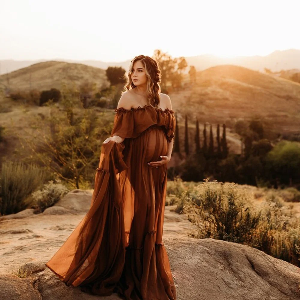 Maternity Photography Props Dress Sexy Off Shoulder Ruffled Trailing Dress Micro Transparent Chiffon Boho Pregnant Dress