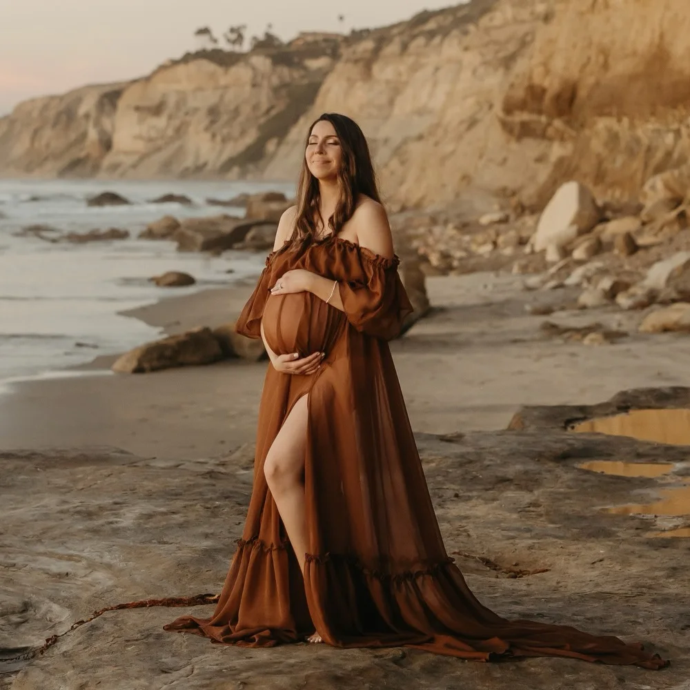 Maternity Photography Props Dress Sexy Off Shoulder Ruffled Trailing Dress Micro Transparent Chiffon Boho Pregnant Dress