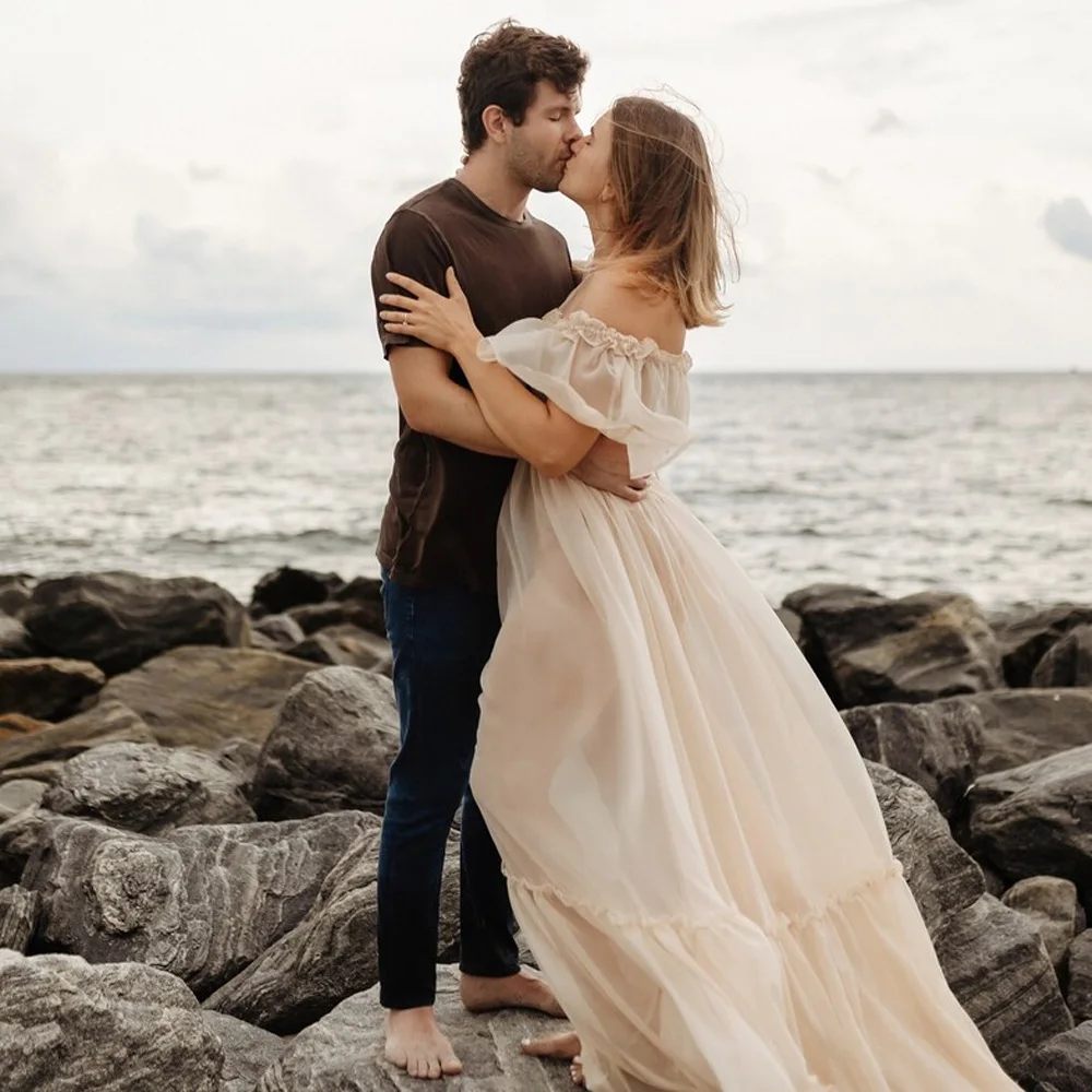 Maternity Photography Props Dress Sexy Off Shoulder Ruffled Trailing Dress Micro Transparent Chiffon Boho Pregnant Dress