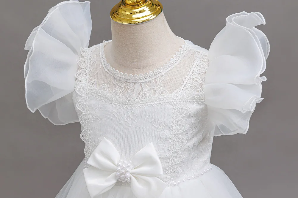 Girls Princess Dress Layered Tulle Lace Puff Sleeve Bow 3-8T Kids Birthday Wedding Flower Girl Party Pageant Gown