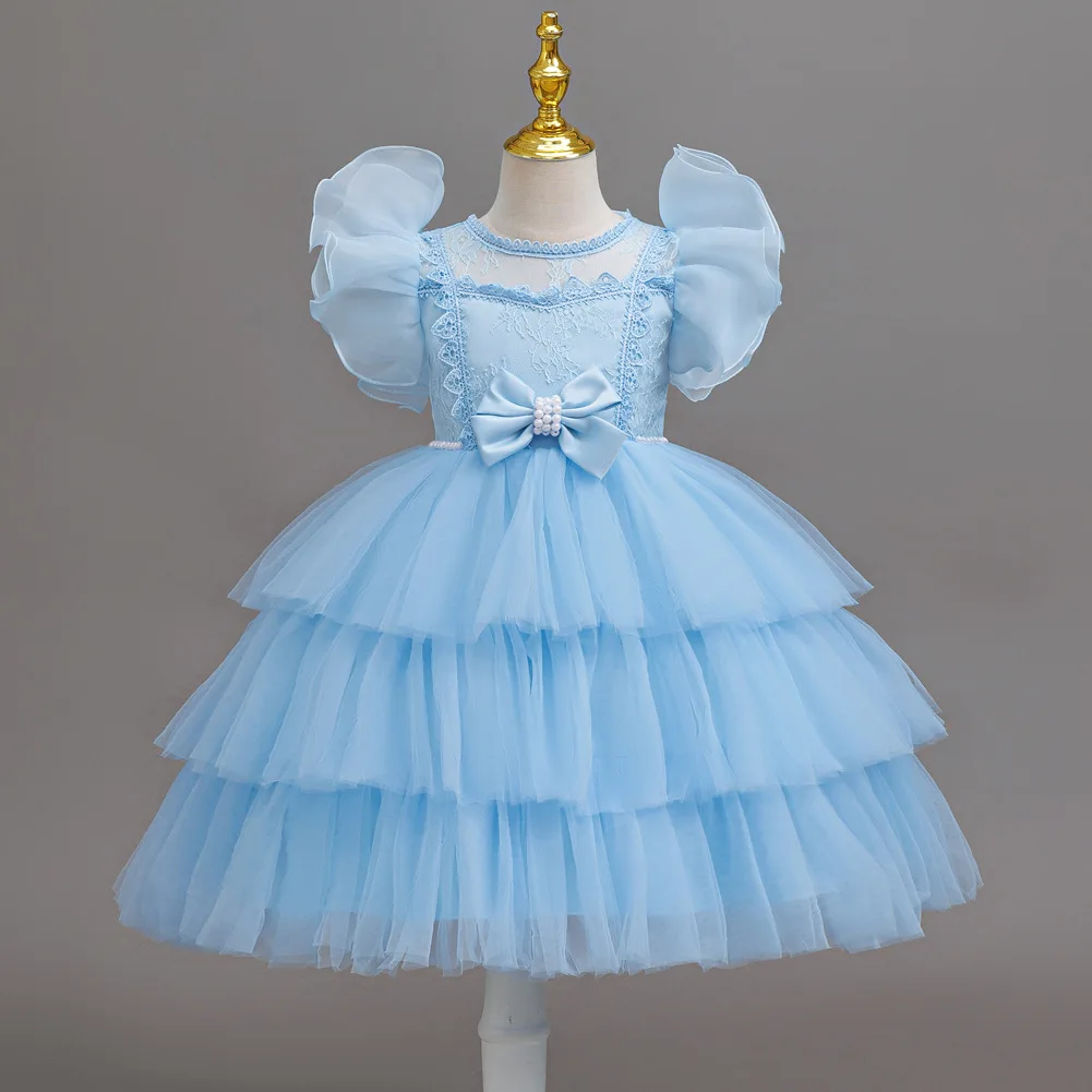 Girls Princess Dress Layered Tulle Lace Puff Sleeve Bow 3-8T Kids Birthday Wedding Flower Girl Party Pageant Gown