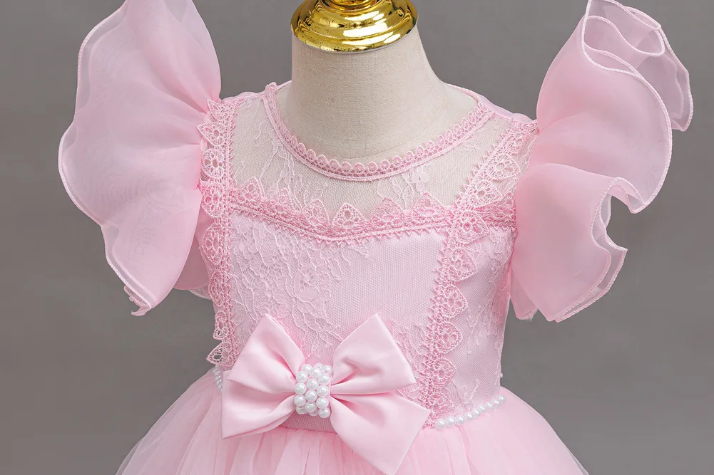 Girls Princess Dress Layered Tulle Lace Puff Sleeve Bow 3-8T Kids Birthday Wedding Flower Girl Party Pageant Gown