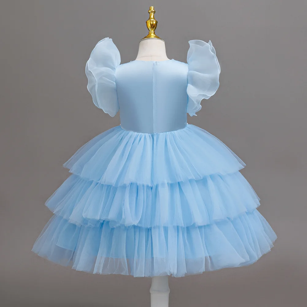Girls Princess Dress Layered Tulle Lace Puff Sleeve Bow 3-8T Kids Birthday Wedding Flower Girl Party Pageant Gown