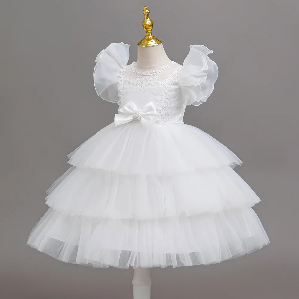 Girls Princess Dress Layered Tulle Lace Puff Sleeve Bow 3-8T Kids Birthday Wedding Flower Girl Party Pageant Gown