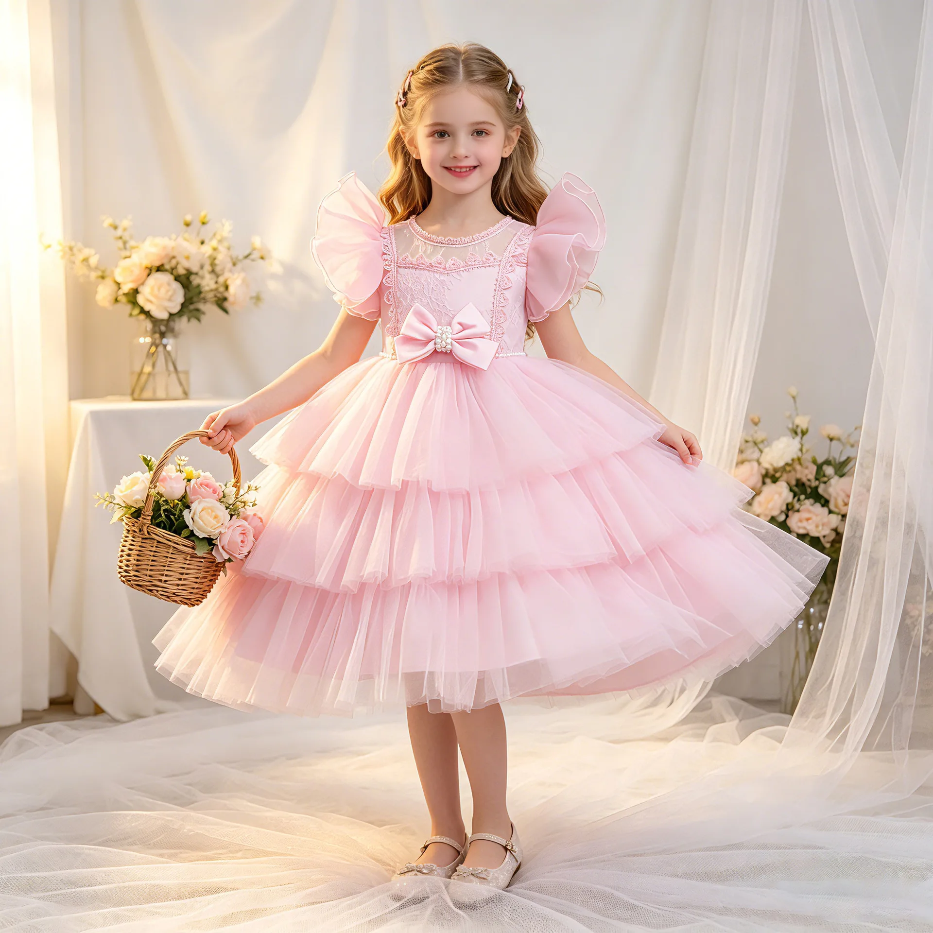 Girls Princess Dress Layered Tulle Lace Puff Sleeve Bow 3-8T Kids Birthday Wedding Flower Girl Party Pageant Gown