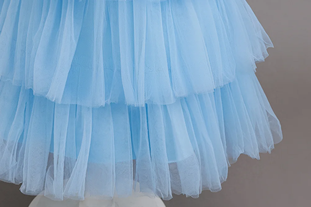 Girls Princess Dress Layered Tulle Lace Puff Sleeve Bow 3-8T Kids Birthday Wedding Flower Girl Party Pageant Gown
