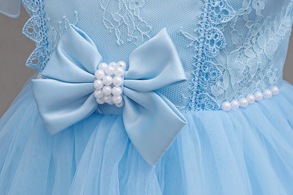 Girls Princess Dress Layered Tulle Lace Puff Sleeve Bow 3-8T Kids Birthday Wedding Flower Girl Party Pageant Gown