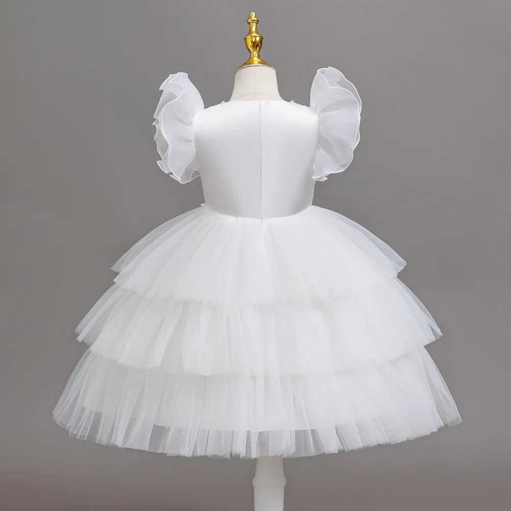 Girls Princess Dress Layered Tulle Lace Puff Sleeve Bow 3-8T Kids Birthday Wedding Flower Girl Party Pageant Gown