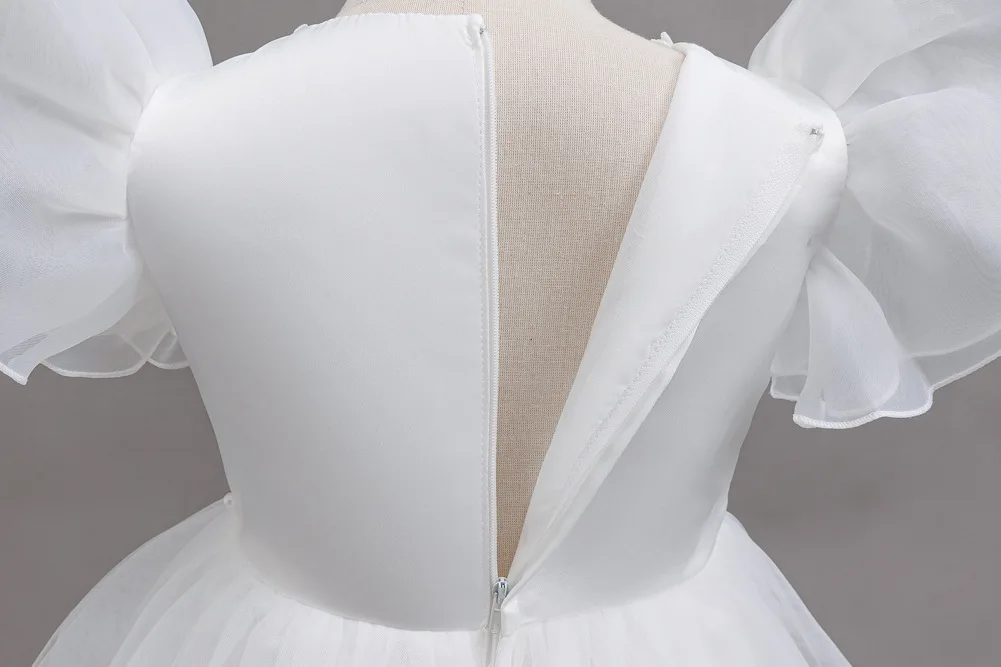 Girls Princess Dress Layered Tulle Lace Puff Sleeve Bow 3-8T Kids Birthday Wedding Flower Girl Party Pageant Gown