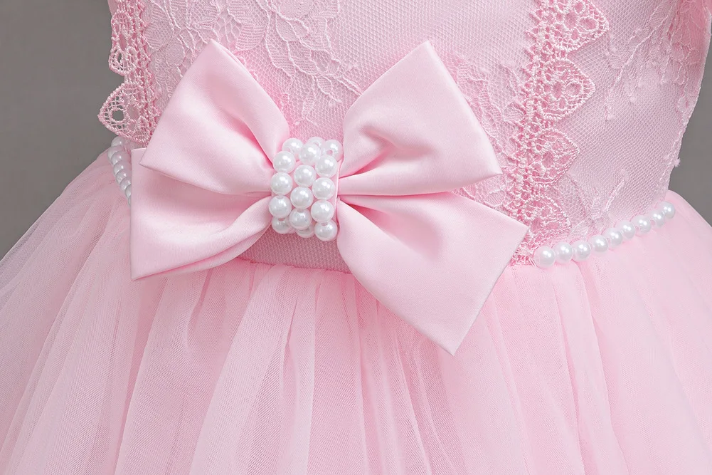 Girls Princess Dress Layered Tulle Lace Puff Sleeve Bow 3-8T Kids Birthday Wedding Flower Girl Party Pageant Gown
