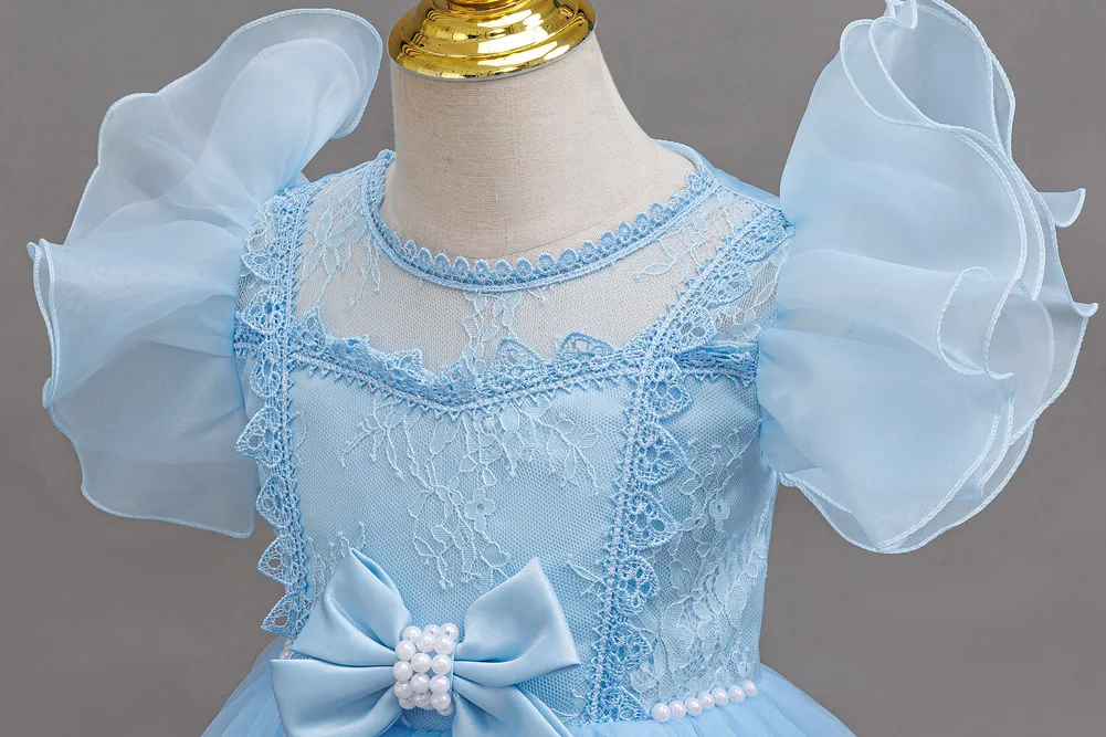 Girls Princess Dress Layered Tulle Lace Puff Sleeve Bow 3-8T Kids Birthday Wedding Flower Girl Party Pageant Gown